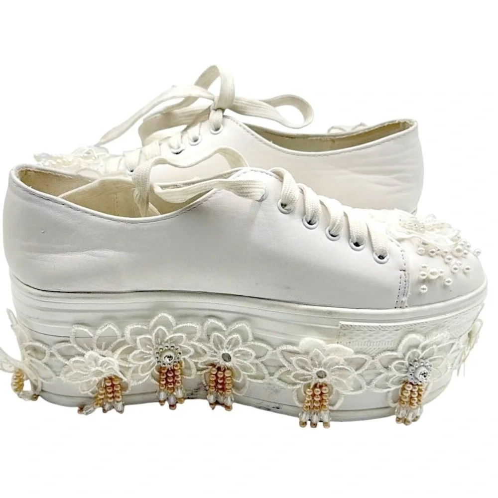 ALANESA Women Bridal White Lace Pearl Embellished Platform Sneakers‎ Size US 6.5